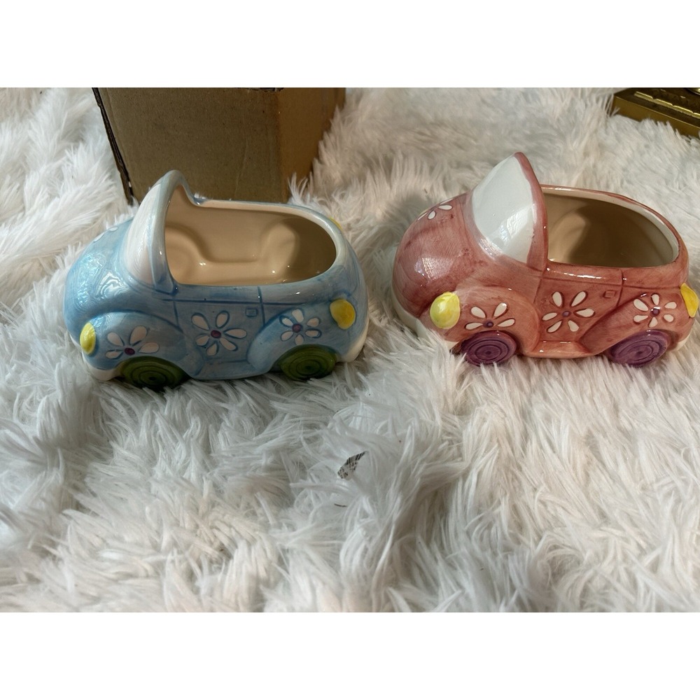 Edible Arrangements Ceramic Car Planter Set Blue Pink Daisy Floral Convertible